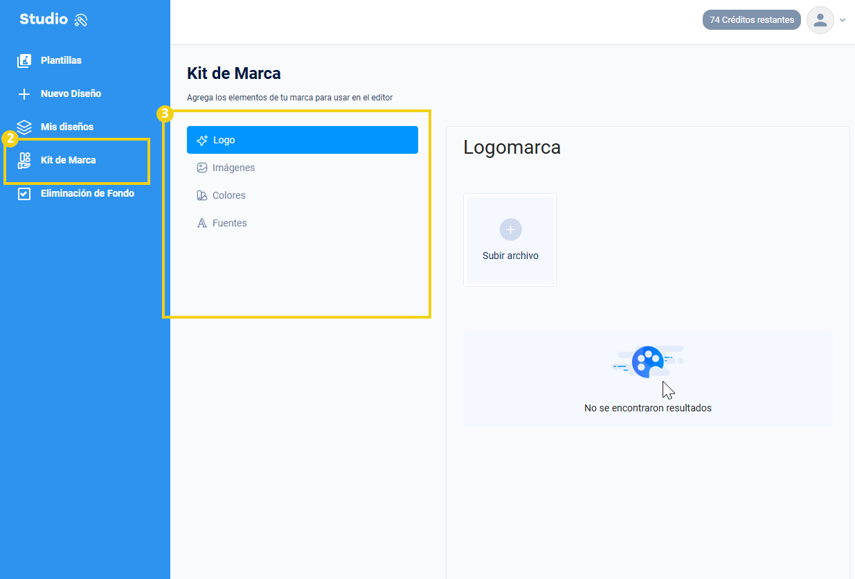 imagen del panel de studio mostrando la sección de kit de marca, mostrando todos los elementos logo, imágenes, colores, Fuentes