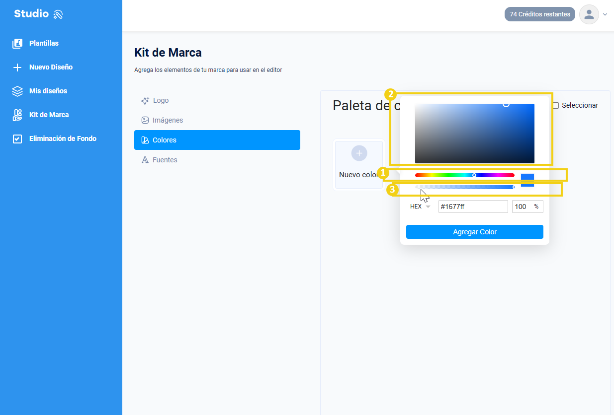 La imagen muestra el cuadrado y las barras donde debe hacer clic y seleccionar los colores