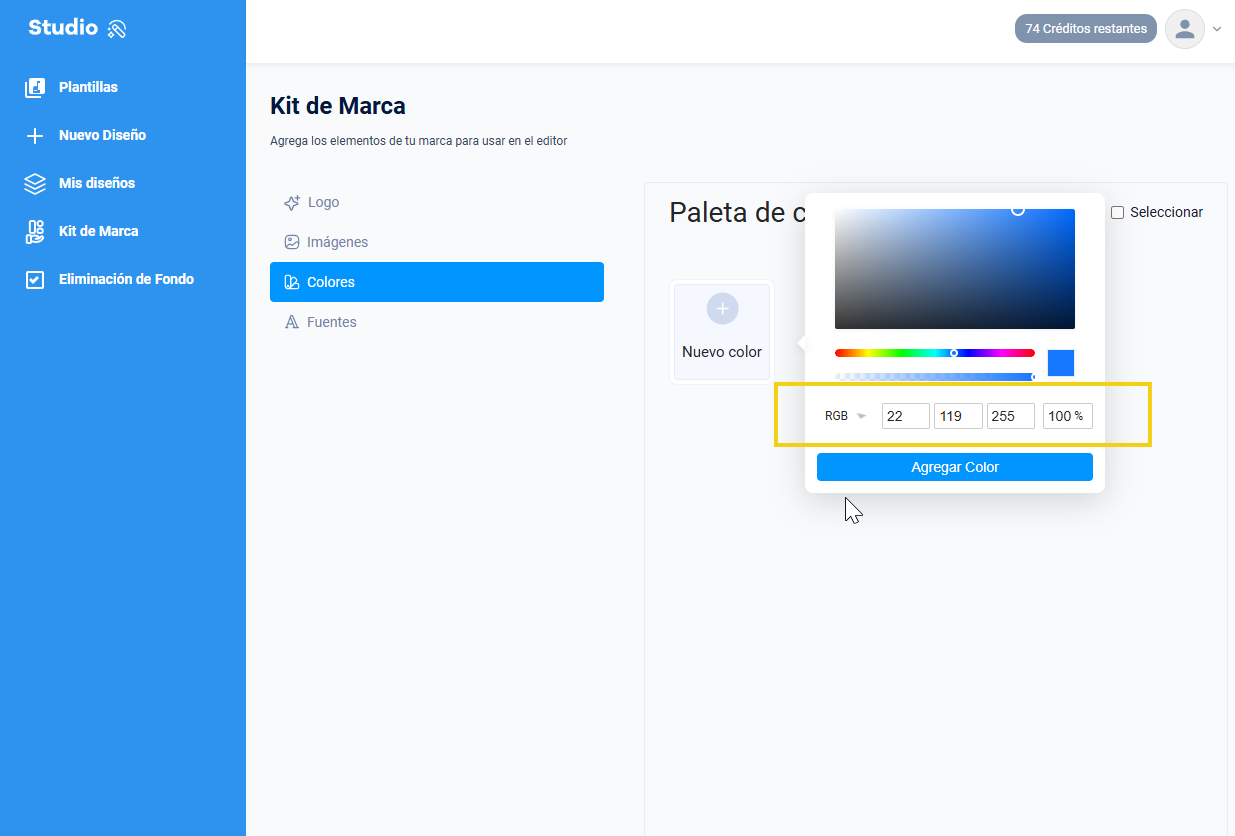 pantalla de estudio en la parte del kit de la marca, destacando la selección de color por RGB