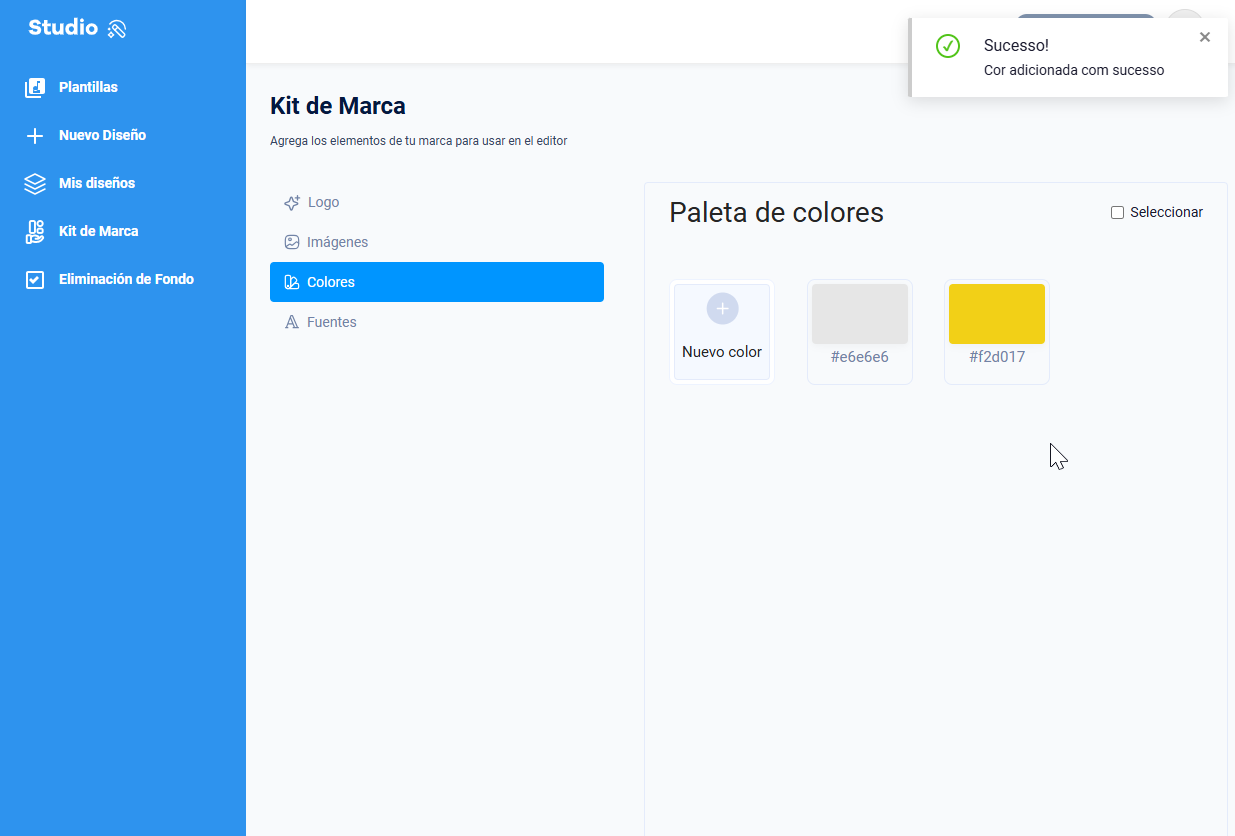 imagen del editor del studio mostrando la paleta de colores guardada en el kit de marca