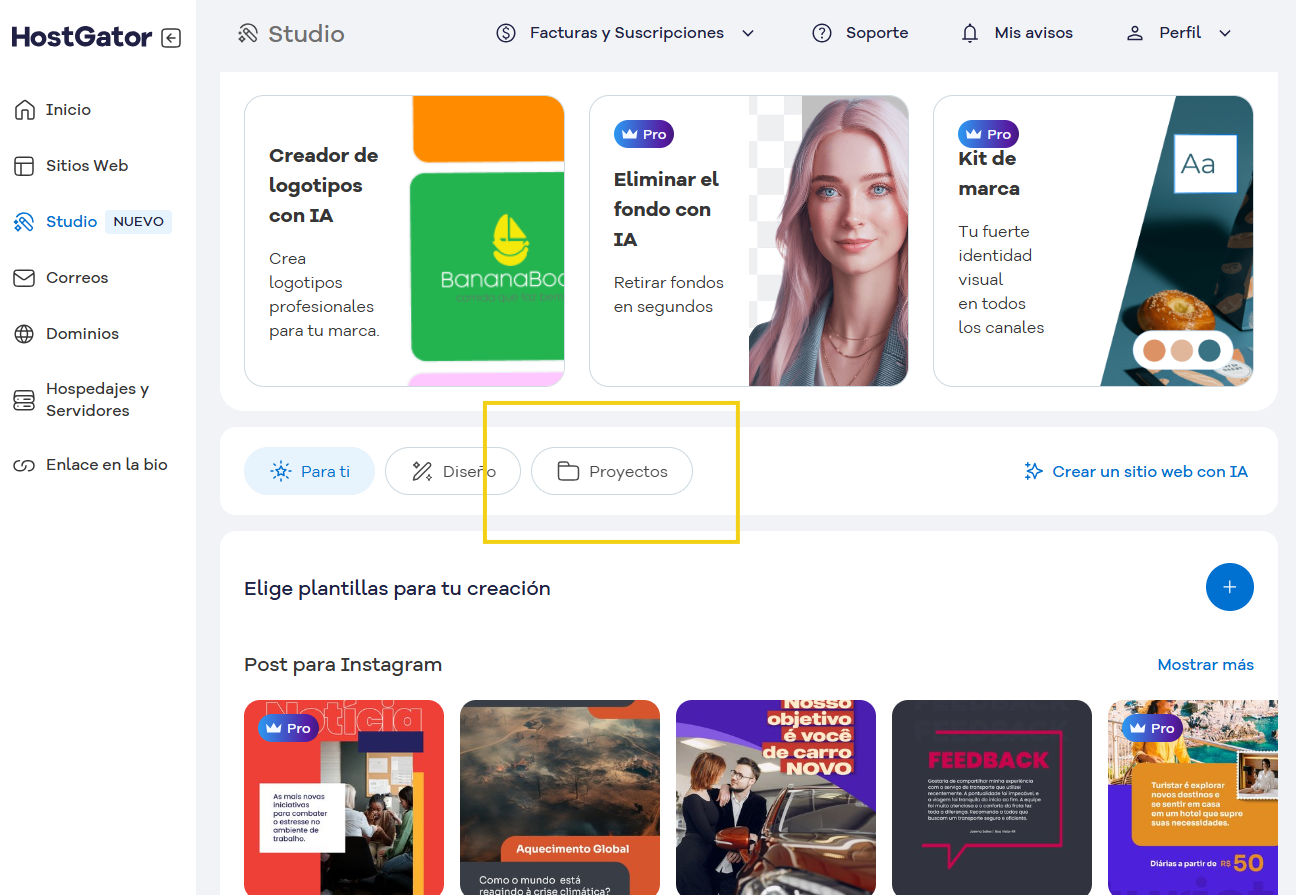 Portal del Cliente mostrando el acceso a Studio gratis y al proyecto para editar la imagen