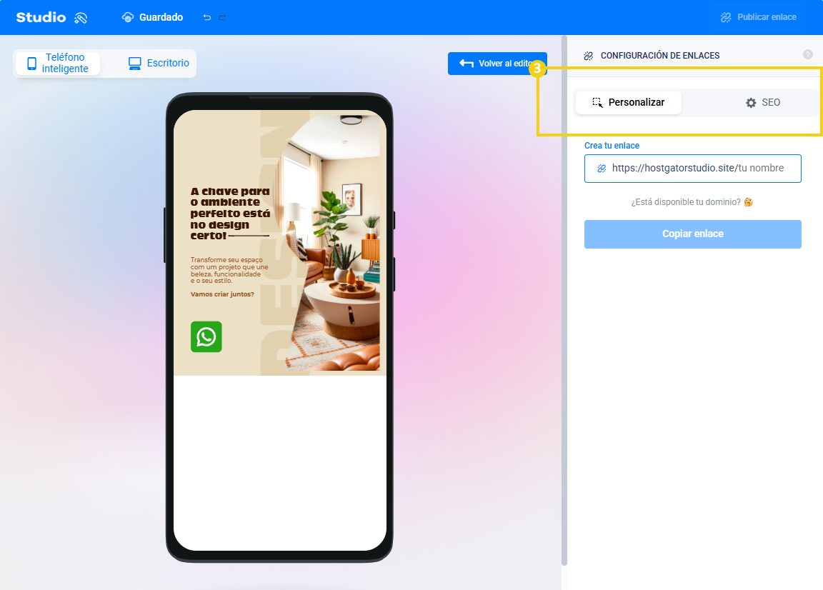 Panel de Studio mostrando los ajustes del enlace, destacando la opción de personalizar URL