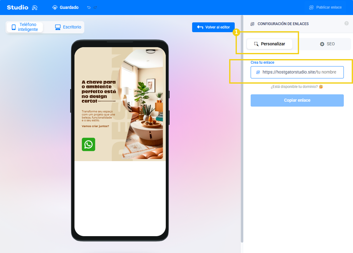Panel de Studio destacando la personalización de URL para generar el enlace de la plantilla