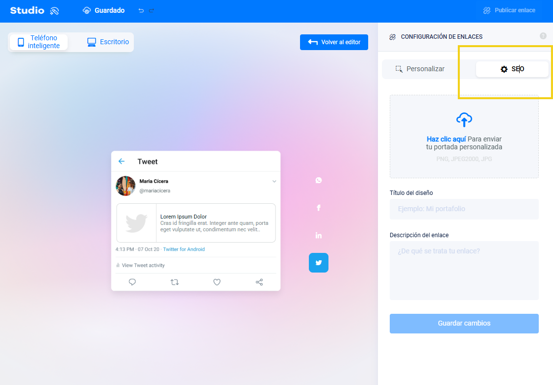 Botón de SEO en el panel de Studio para configuración obligatoria