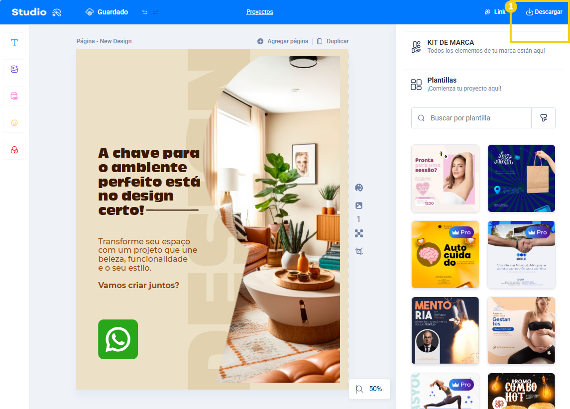 Editor del Studio destacando el menú superior en la sección de descarga