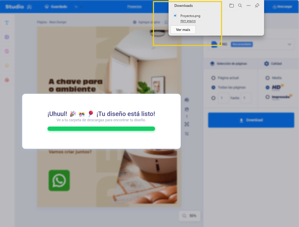 Pantalla del editor mostrando la confirmación de creación y descarga de archivo