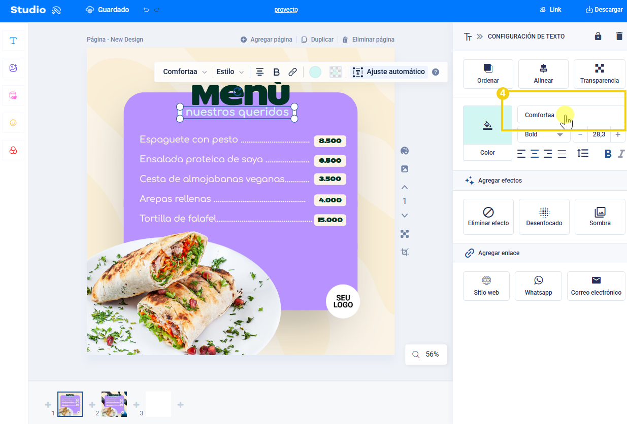Imagen que destaca el estilo de fuente para hacer clic y abrir las opciones disponibles, propias o favoritas 
