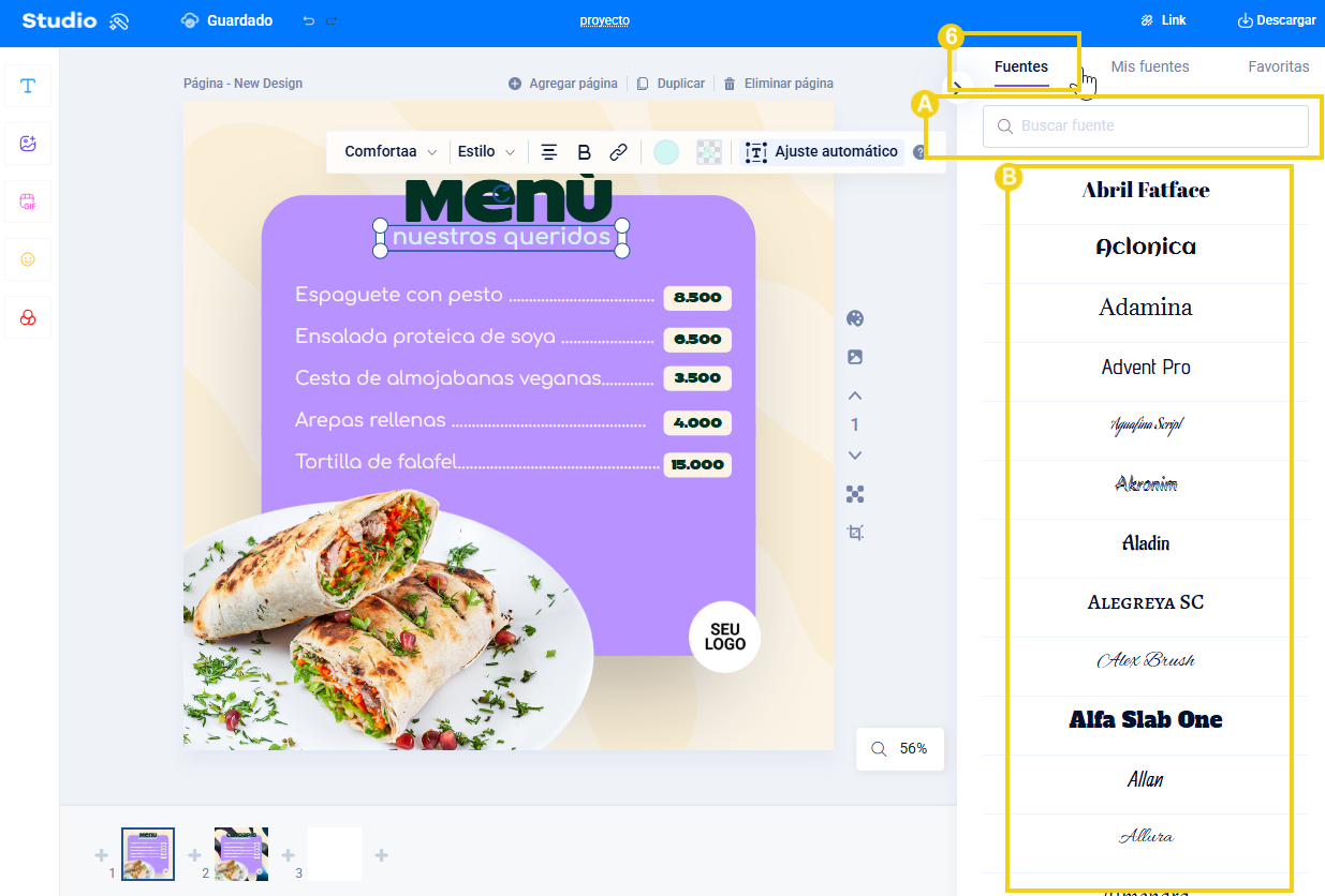 Imagen que muestra fuentes predefinidas dentro del editor 