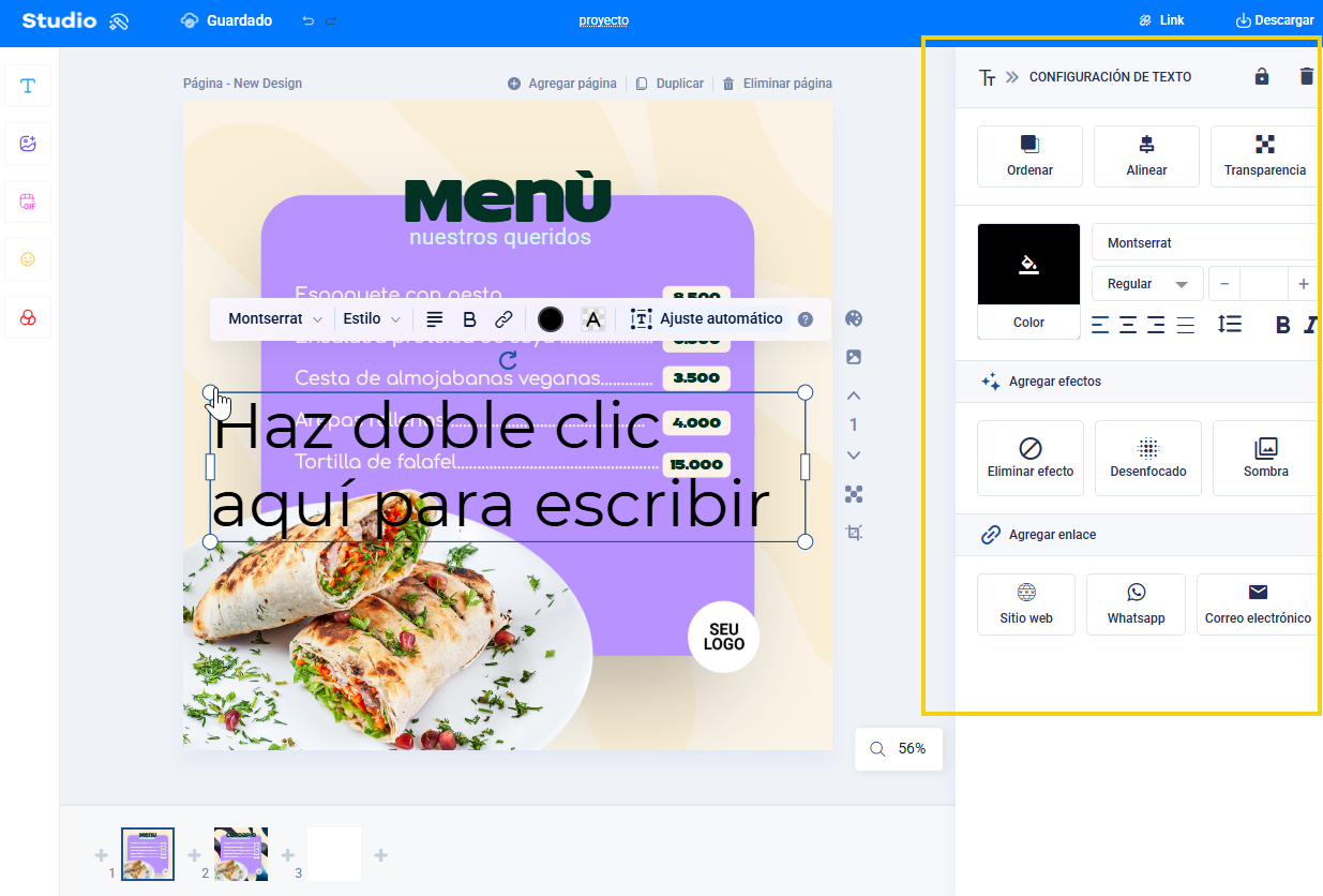 Pantalla del editor de Studio que muestra el menú para la configuración de texto