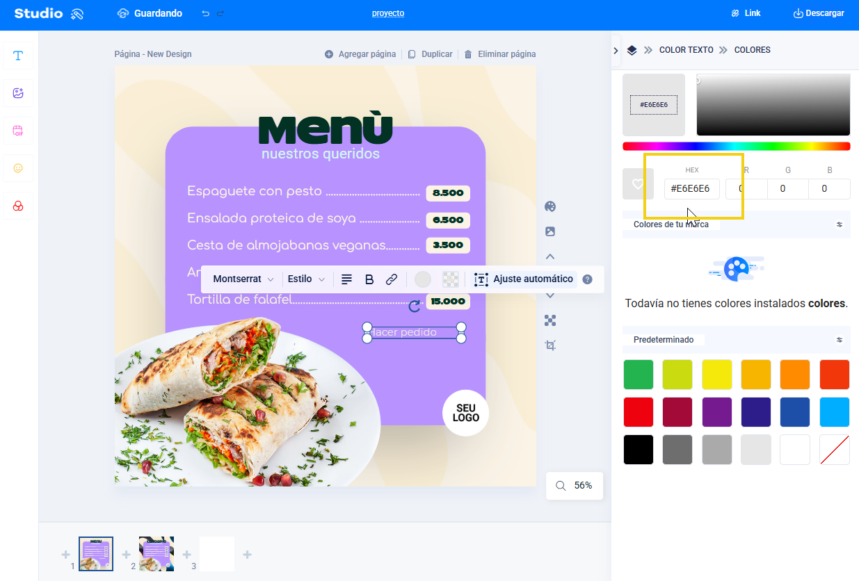 Pantalla del editor Studio, que muestra la selección de color a través de un código hexadecimal