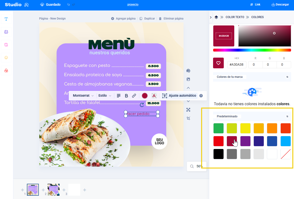 Pantalla de studio, que muestra el menú de configuración de texto, resaltando la selección de color a través de colores estándar