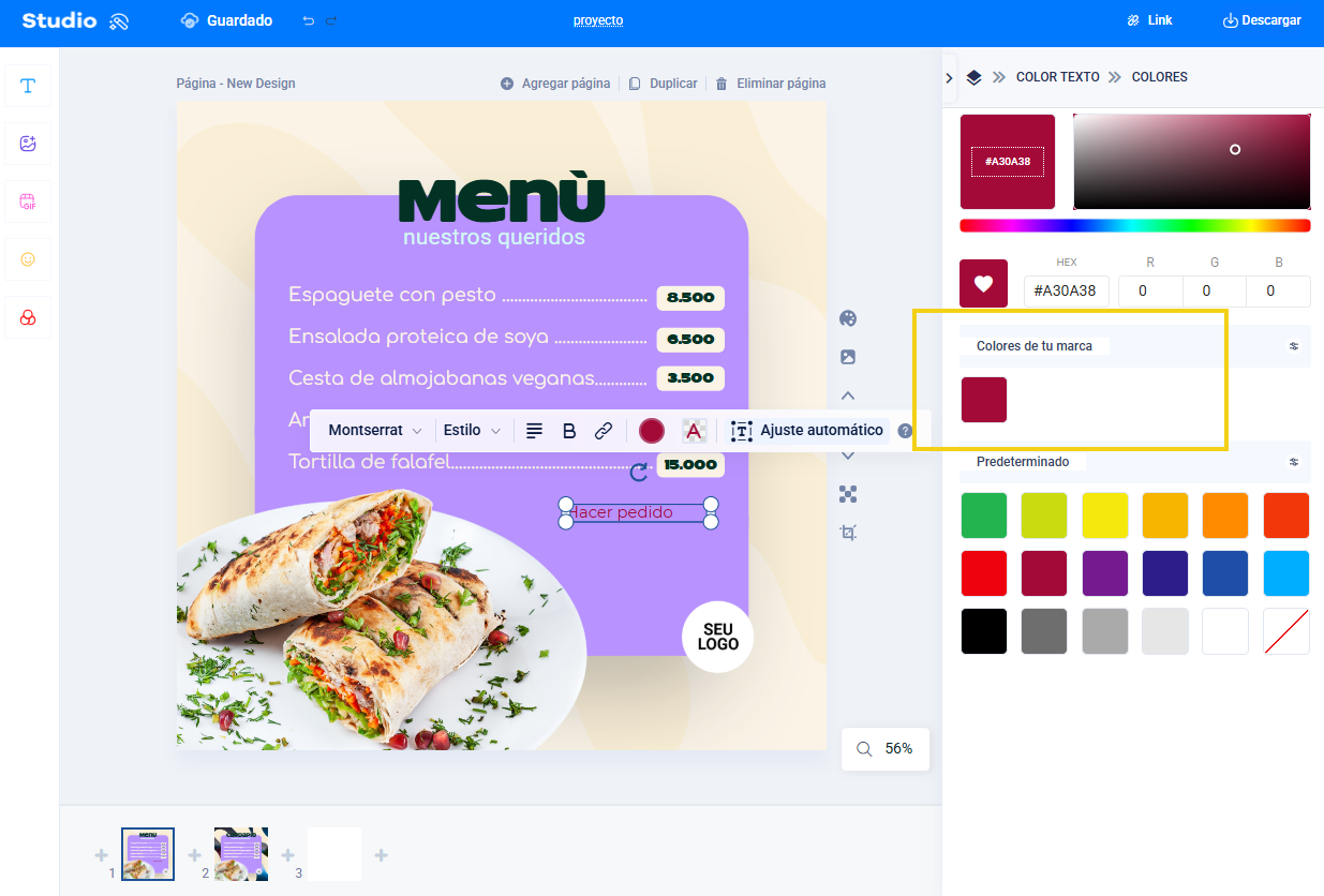 Pantalla de Studio, en el texto configurando los colores de tu marca