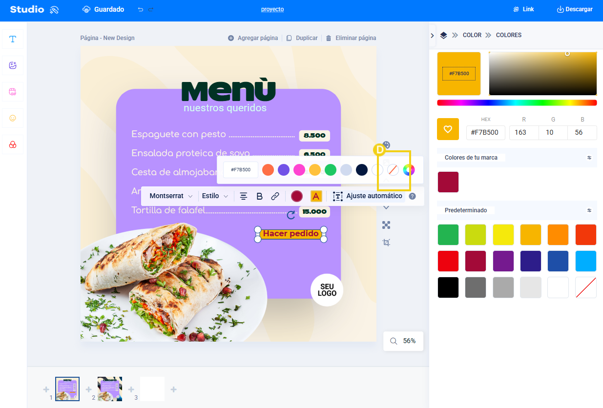 Pantalla del editor de Studio que resalta el color de fondo, pero la opción de no tener color detrás del texto al elegir el color de la plantilla