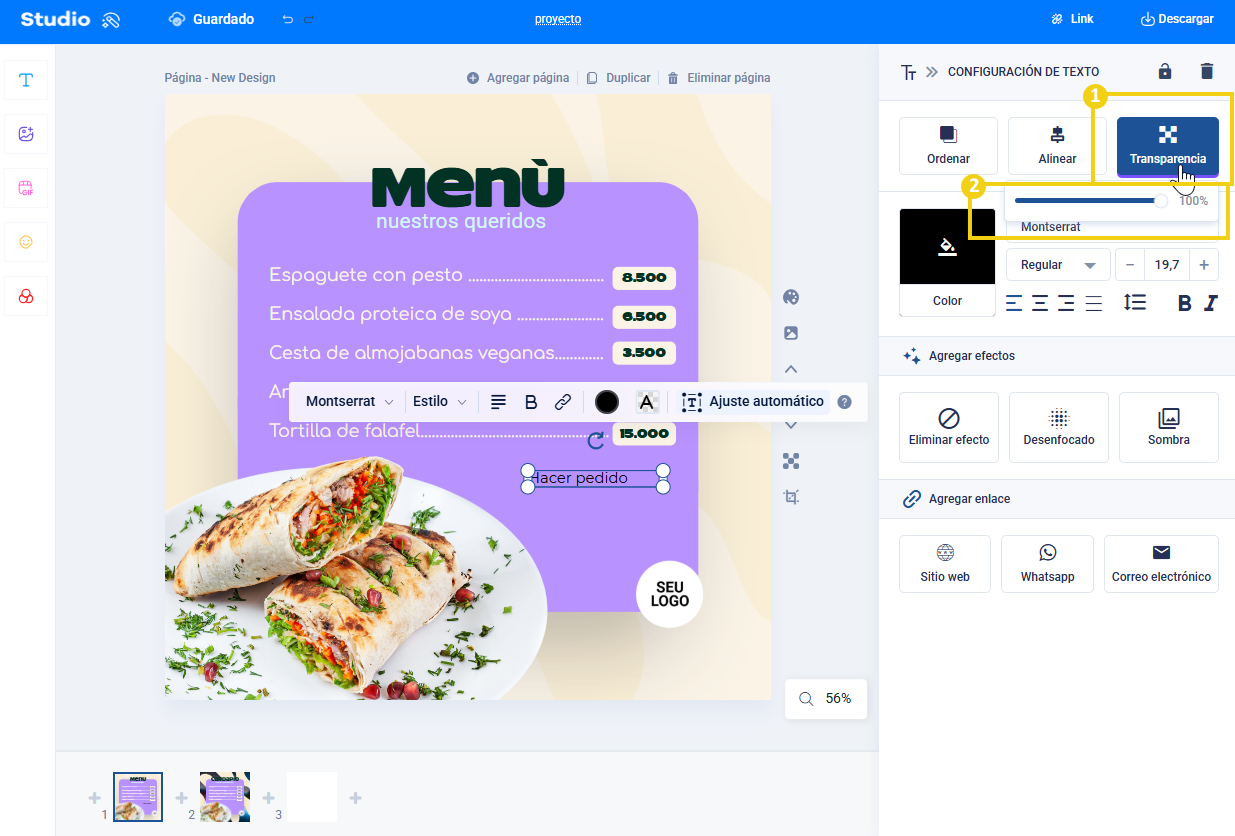 Pantalla del panel Studio, que se muestra en la transparencia de la configuración de texto