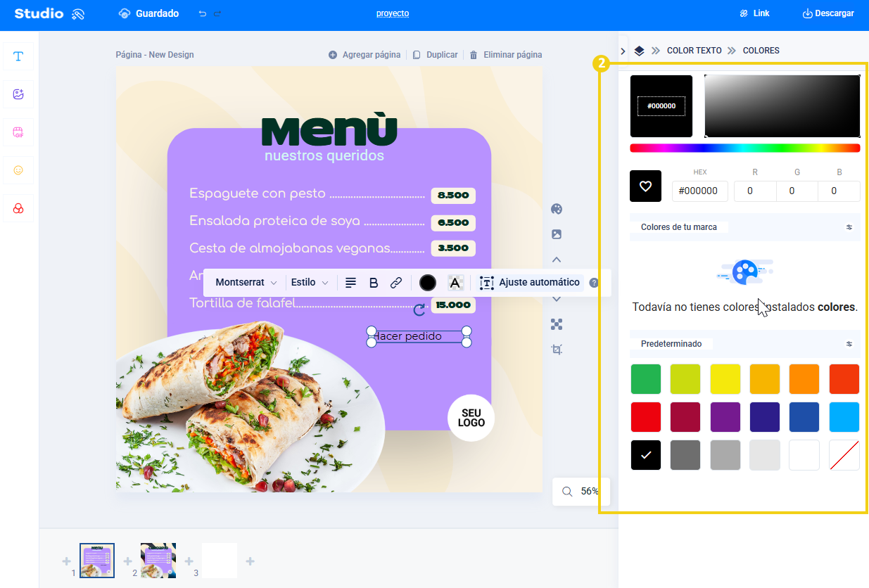 Pantalla de estudio que muestra las opciones de elección de colores, barra de colores, hexágono, patrón