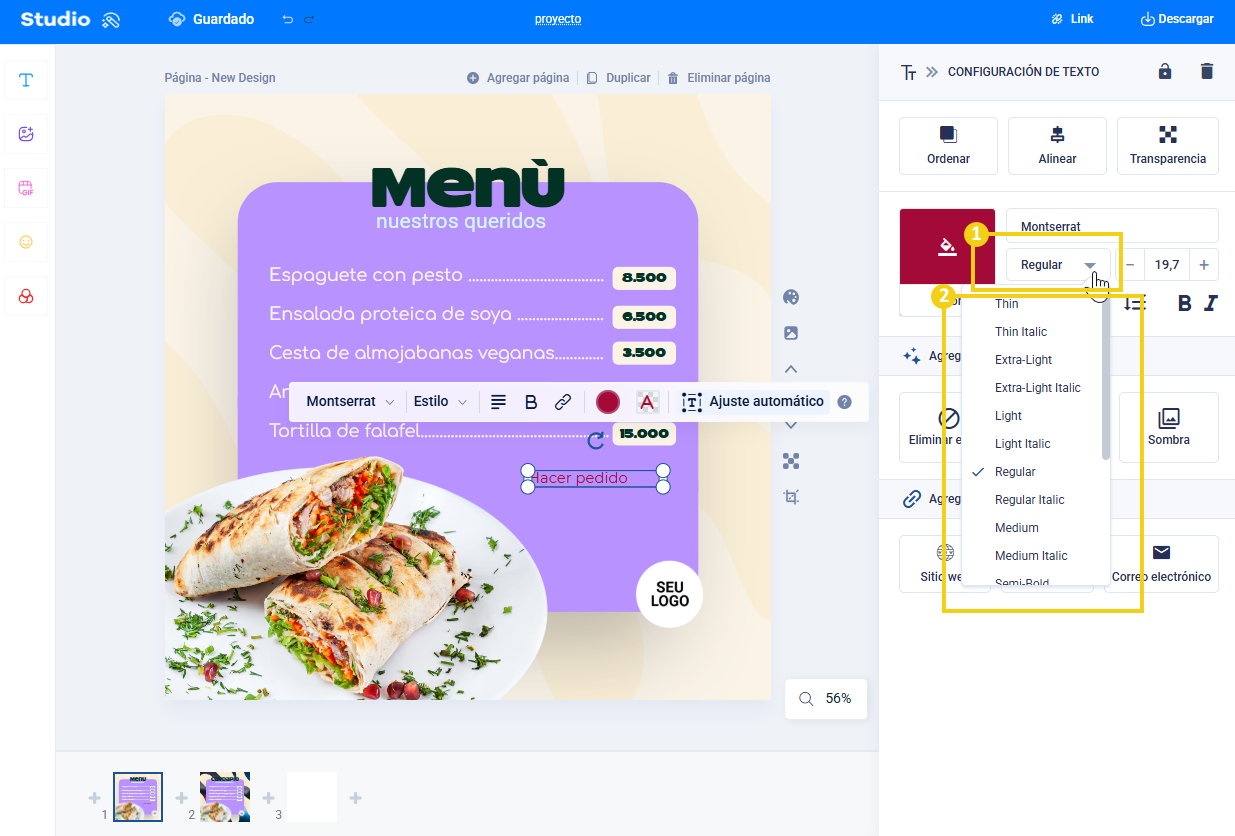 Pantalla de Studio que muestra en la configuración de texto el estilo de fuente y sus opciones