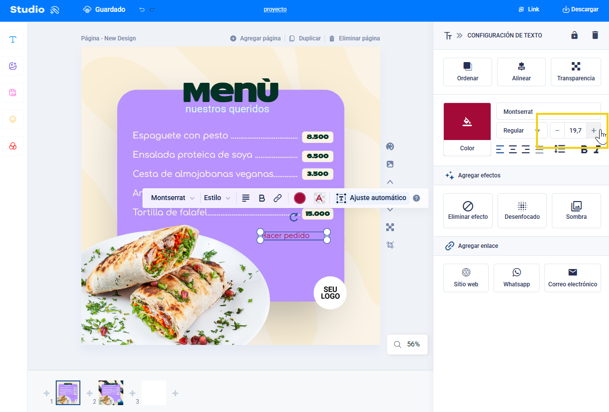 Pantalla del editor que muestra el menú de configuración de texto resaltando el ajuste del tamaño del texto