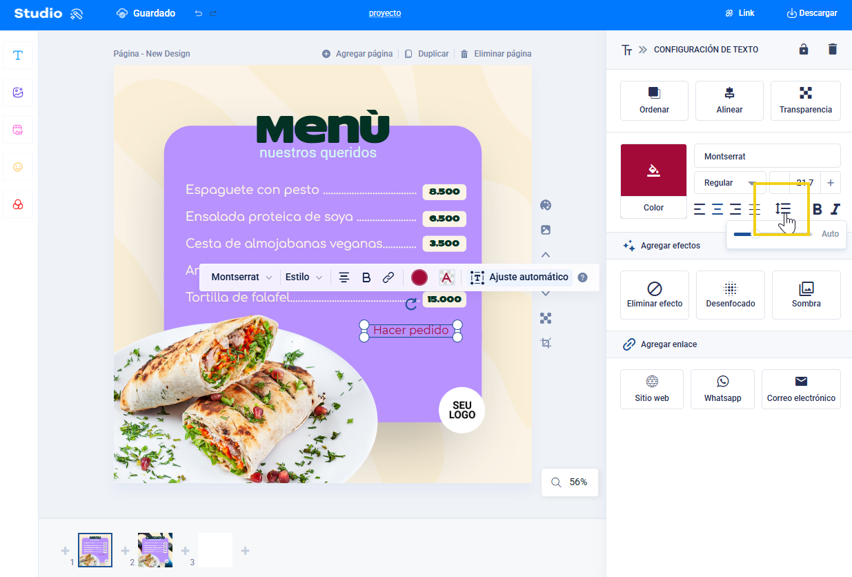 La pantalla del editor se muestra en el menú de configuración de texto resaltando la alineación del espacio de texto