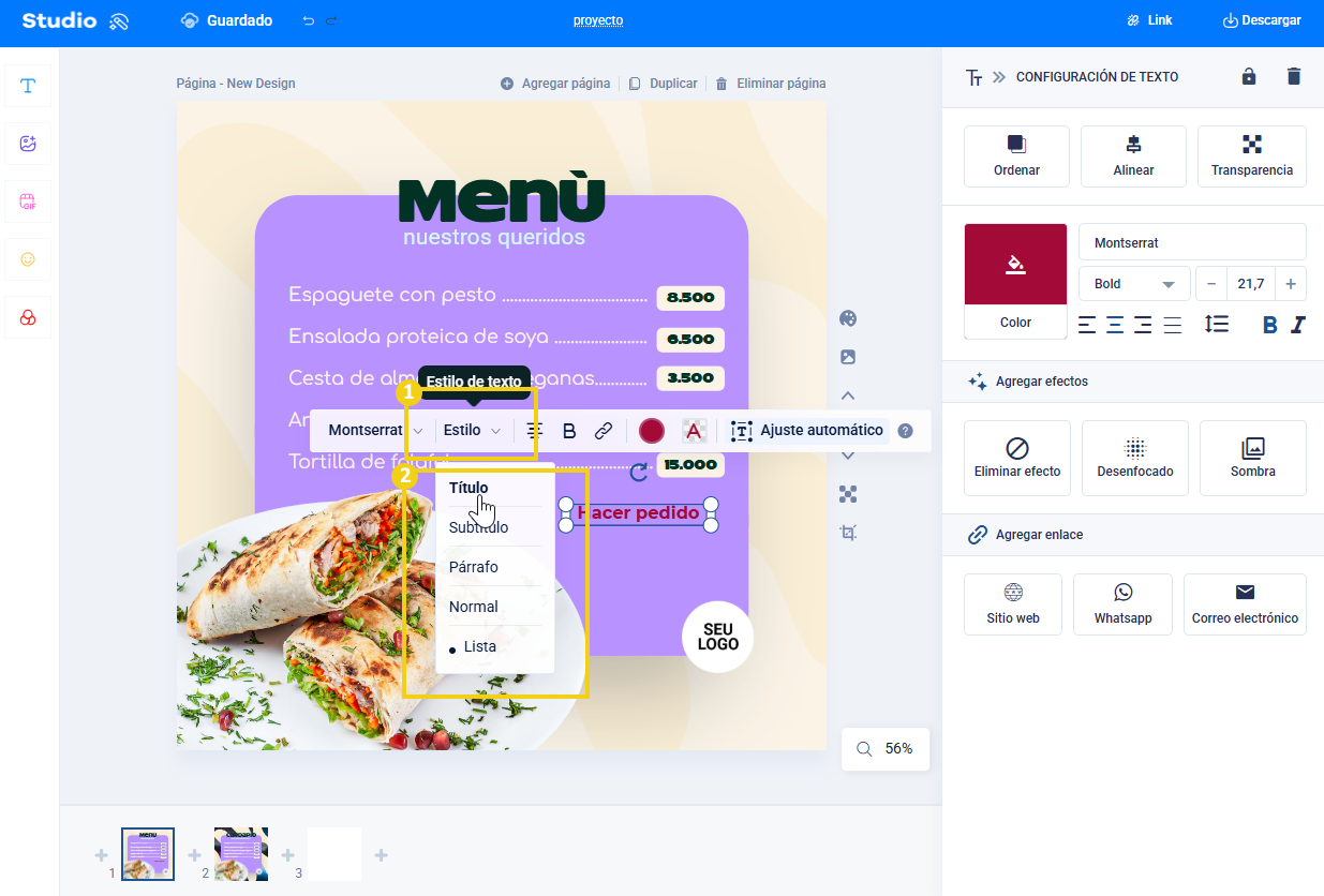 Pantalla del editor de Studio que resalta el estilo en el texto para seleccionar una opción