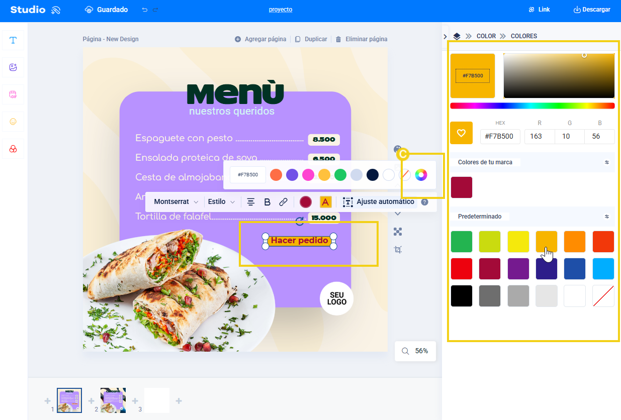 Pantalla del editor de Studio, que muestra el color de fondo del texto personalizado en la plantilla