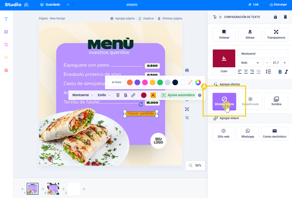Editor de estudio, resaltado de pantalla en ajustes de texto, eliminación de efectos