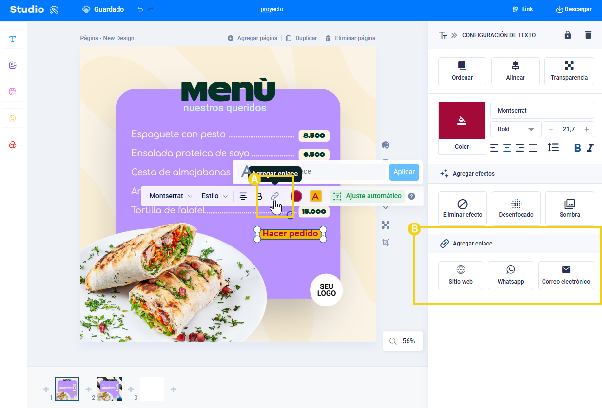 Imagen que muestra el editor de Studio, resaltando el enlace al texto