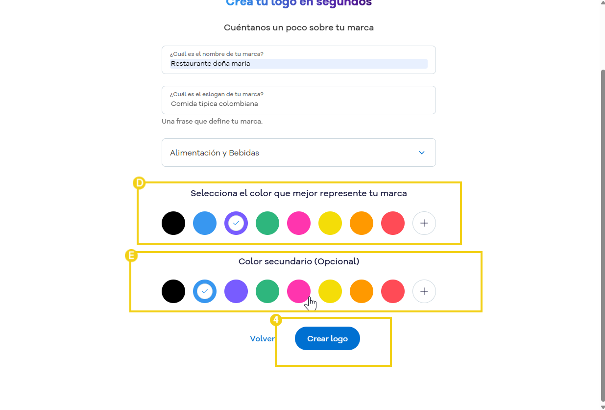 Imagen mostrando la selección de color y el botón para crear logo. 