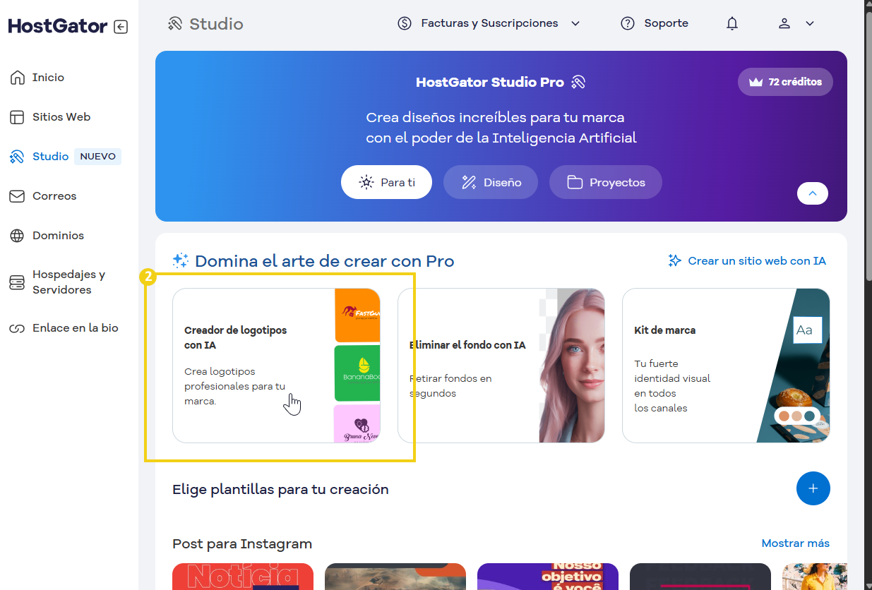 Imagen destacando la sección del creador de logotipos con IA en el Portal del Cliente. 