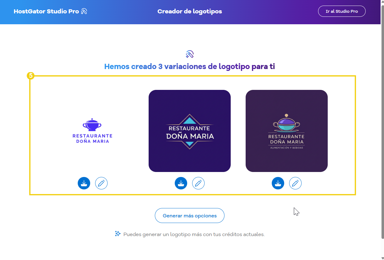 Imagen de las 3 opciones de logotipo generadas por la IA. 