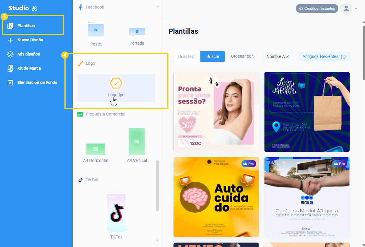 Imagen mostrando la categoría “Logotipo” dentro del panel de plantillas