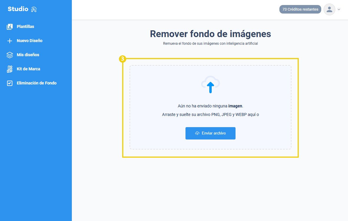Imagen mostra en el editor de studio la seção para enviar un archivo remover fondo