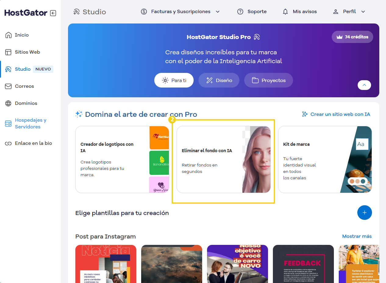 Imagen del portal del cliente en la parte del studio destacando el eliminar fondo con IA 