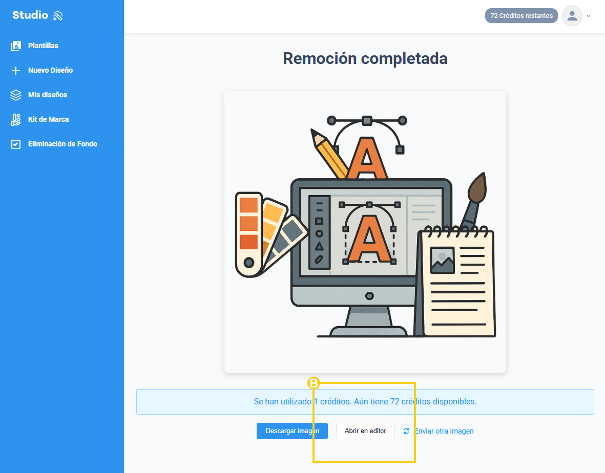  Imagen en el panel del studio en la parte de eliminación de fondo destacando el abrir en el editor
