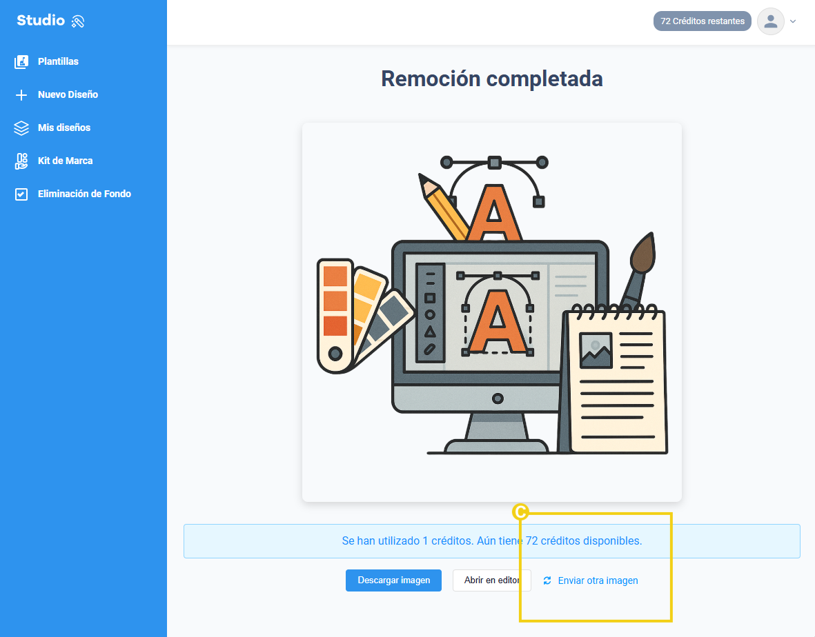 Imagen del panel de studio en la parte de eliminación de imagen destacando el enviar otra imagen