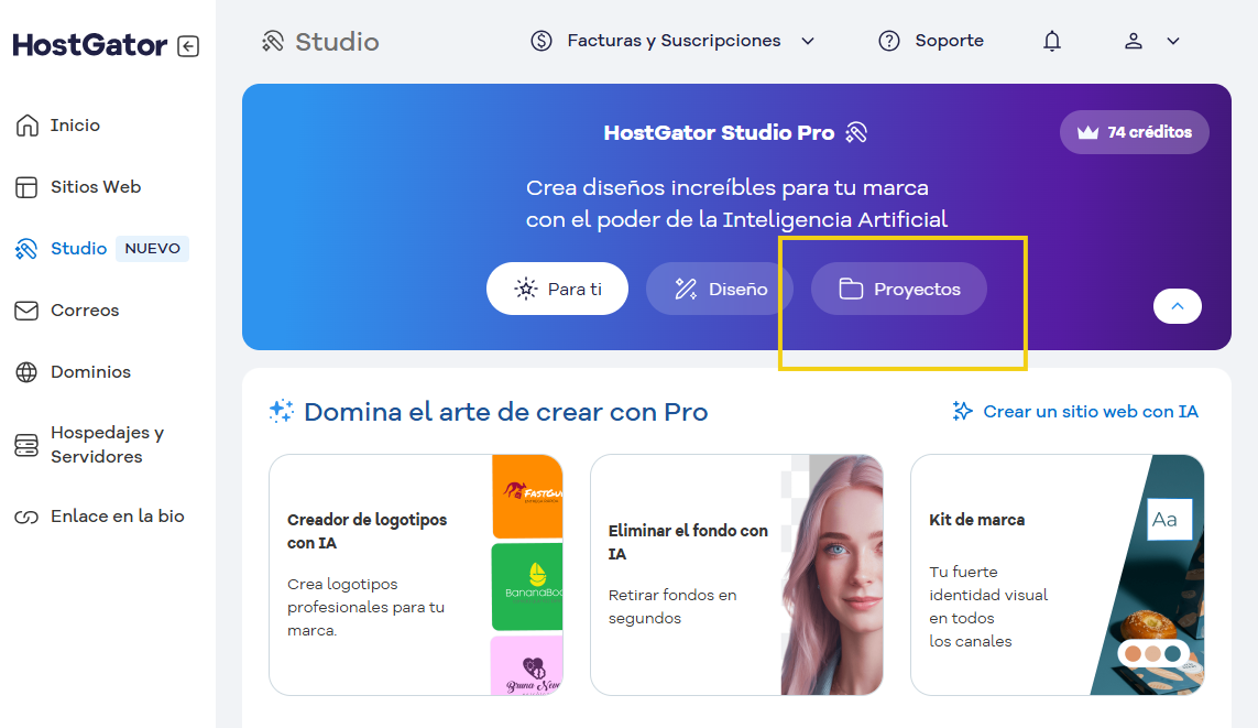 Imagen mostrando el boton de proyectos dentro del portal del cliente en la parte de studio