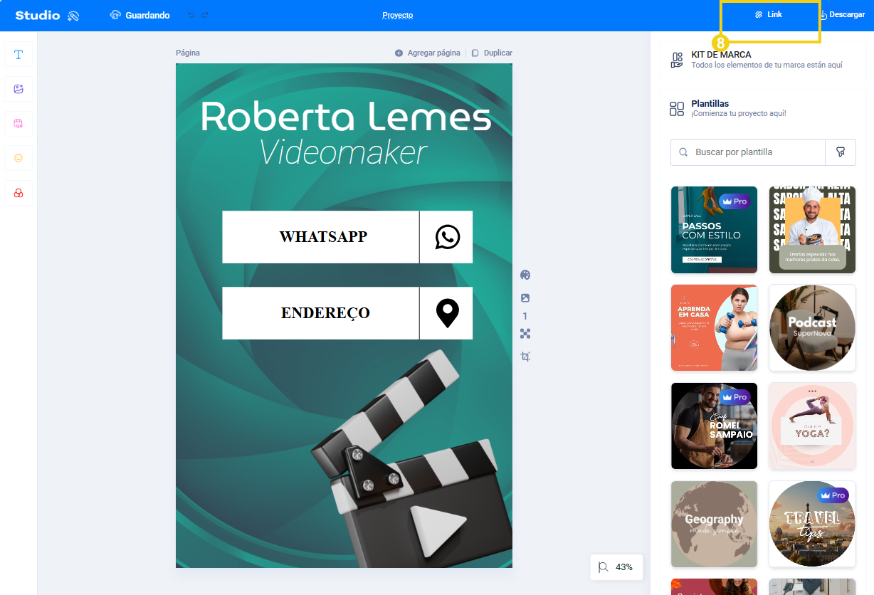 imagen mostrando en el menu superior del editor de studio el boton link