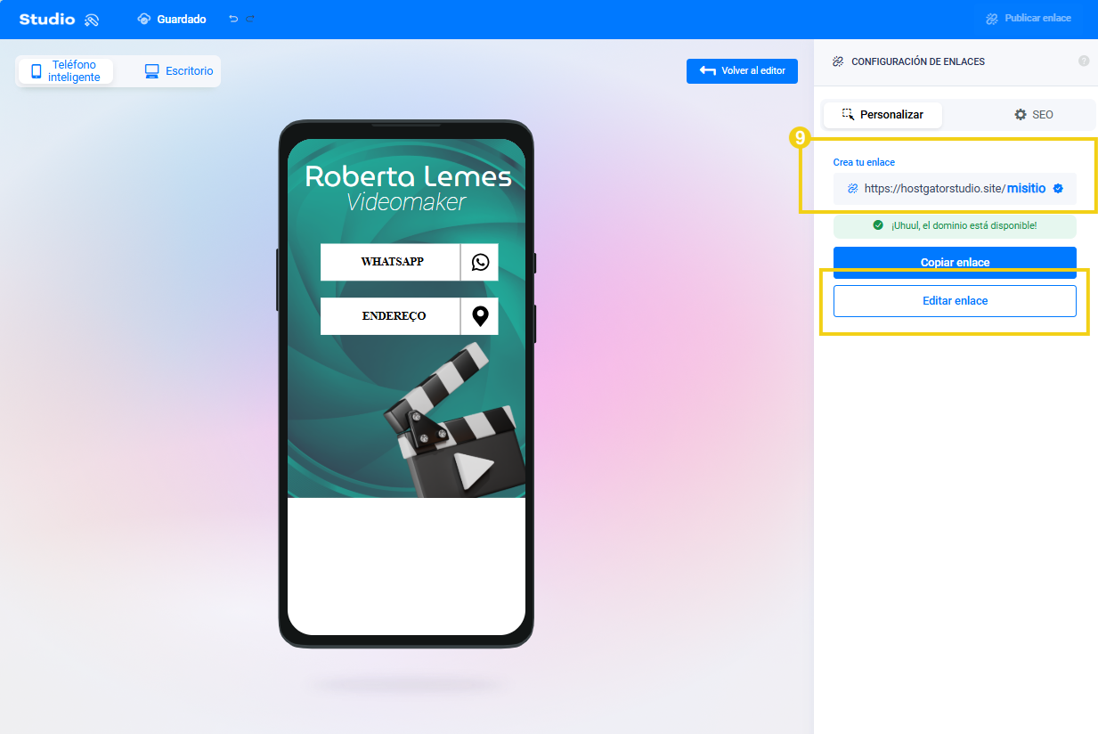 imagem mostrando las configuraciones de enlaces