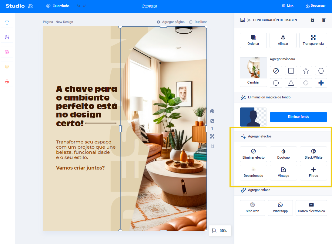 Imagen: Panel "Agregar efectos" con opciones para elegir filtros