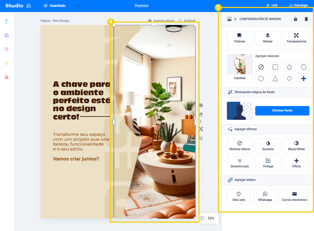 Imagen: Imagen seleccionada y panel "Ajustes de la imagen" con todas las herramientas para editar