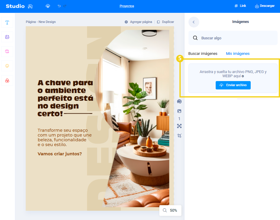 Imagen: Botón para subir archivos y añadir sus propias imágenes al editor