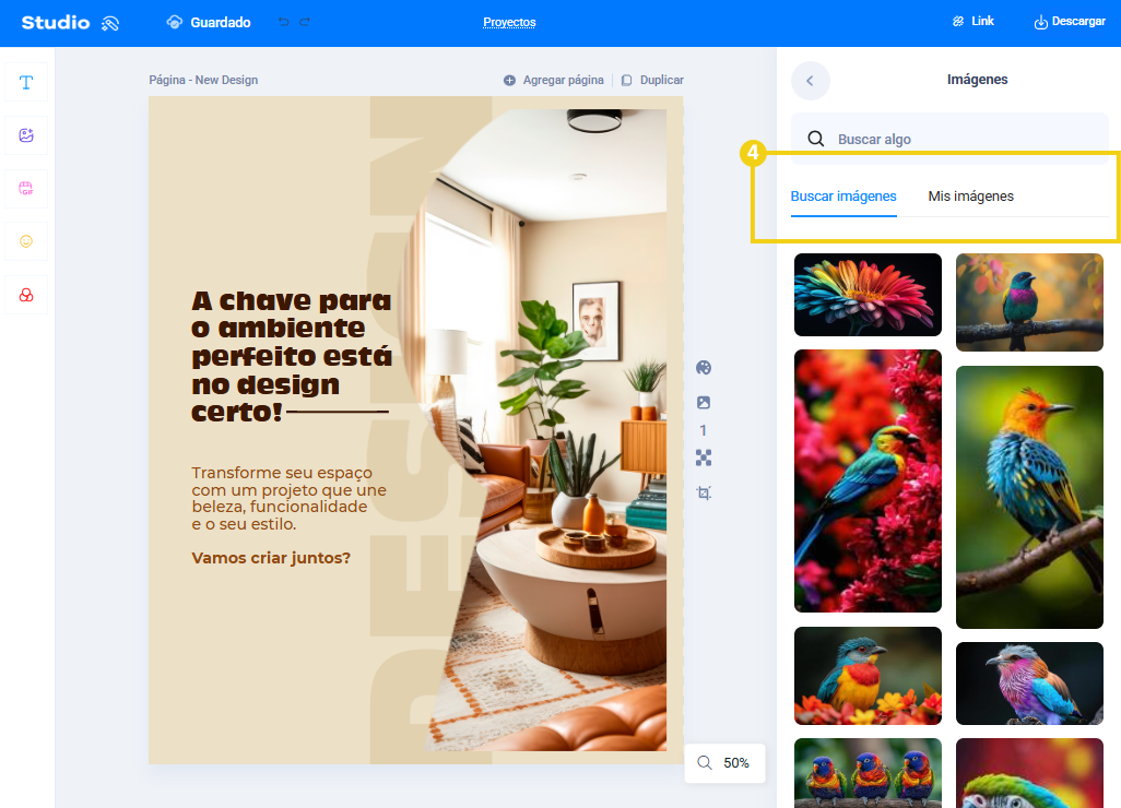 Imagen: Panel del editor mostrando la galería de imágenes para buscar o acceder a "Mis imágenes