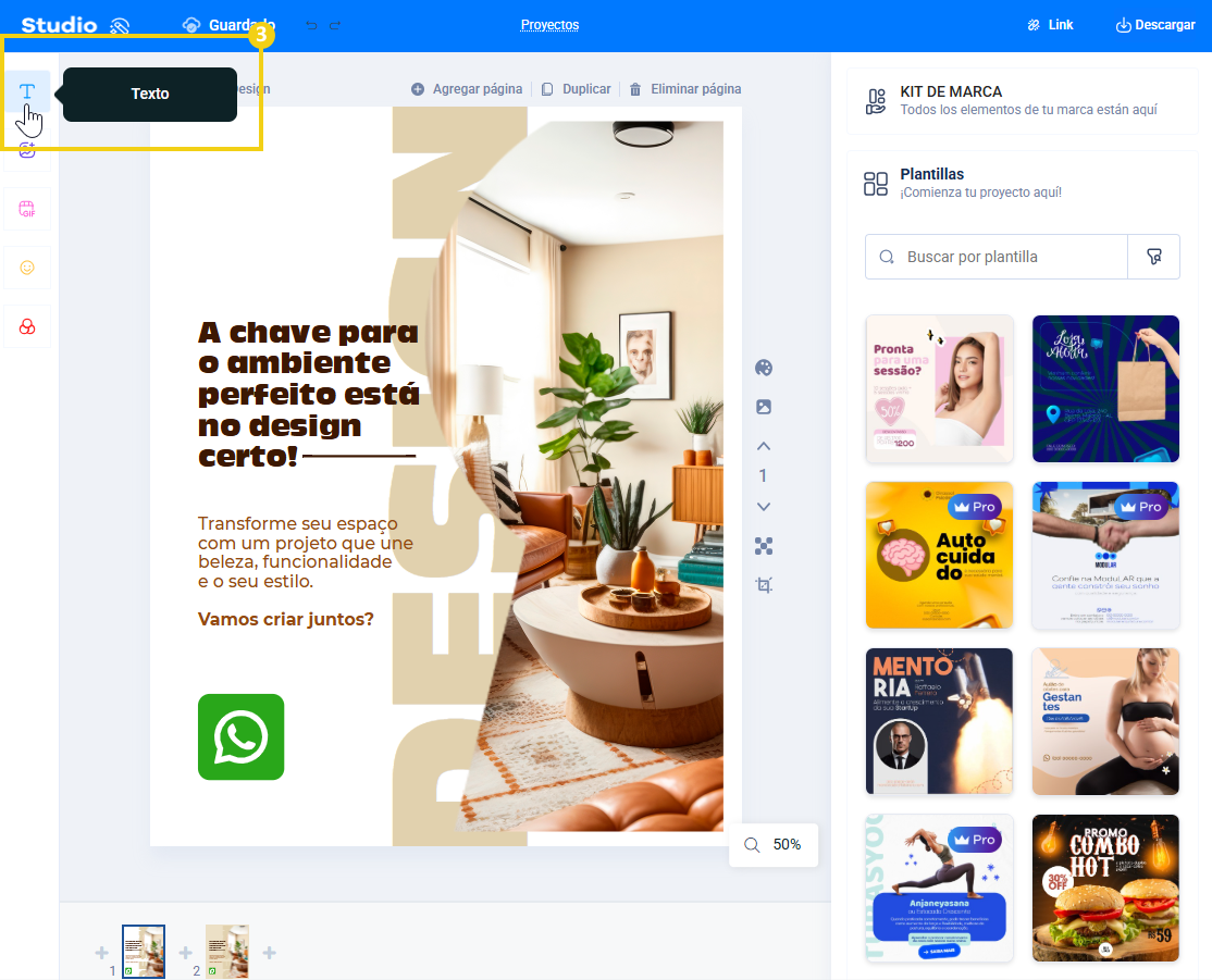Editor de la plataforma Studio con el menú lateral izquierdo resaltando el botón de texto para añadir una caja