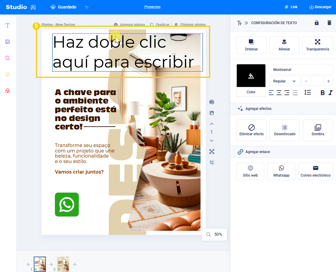  Pantalla del template mostrando la posición editable de la caja de texto