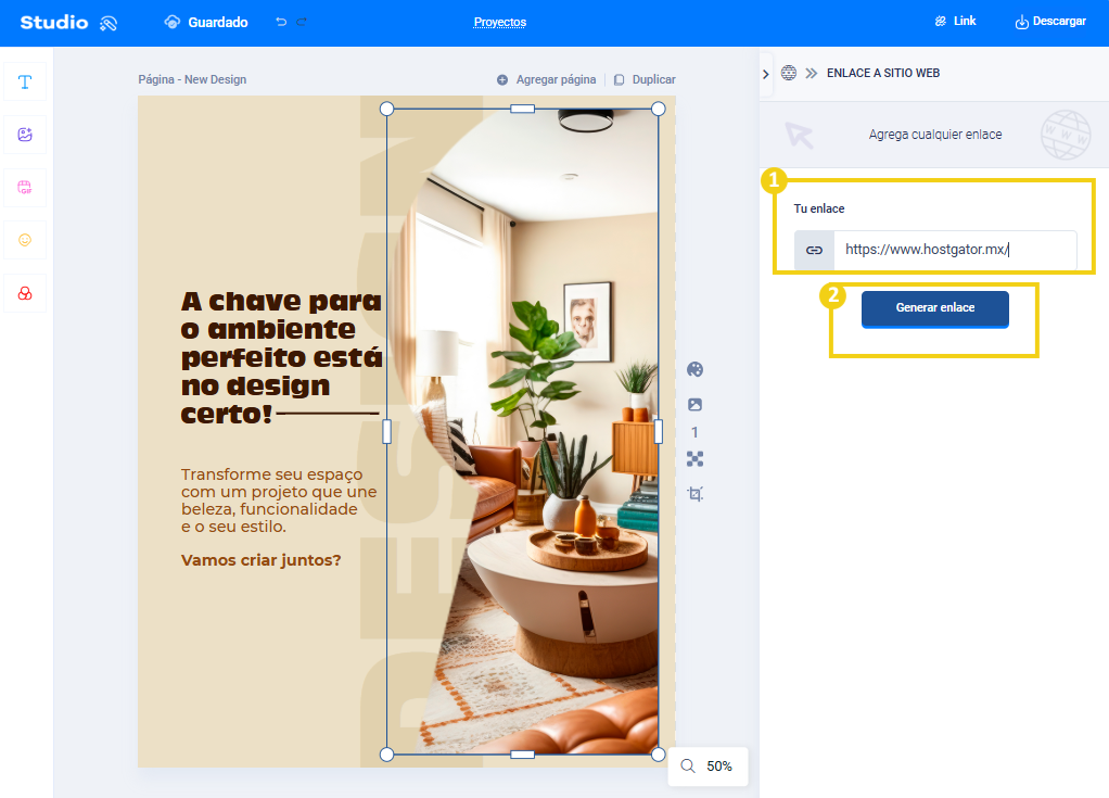 Imagen: muestra la pantalla para añadir el enlace a una página web y el botón "Generar enlace"