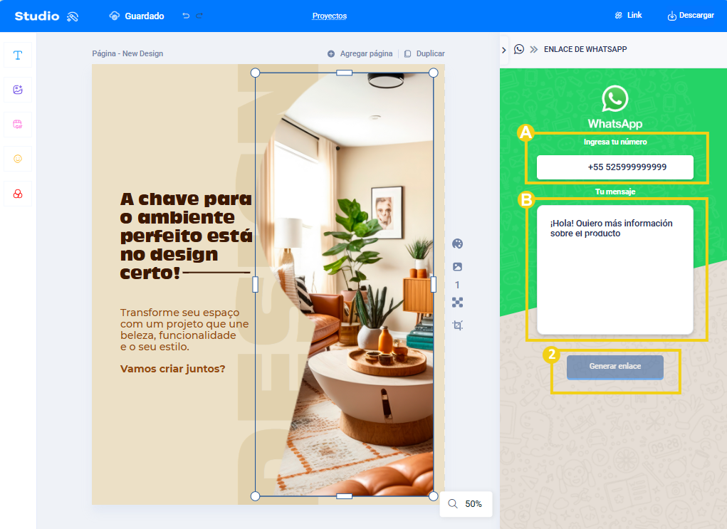 Imagen: muestra la pantalla para añadir el número de WhatsApp, el mensaje y el botón "Generar enlace"