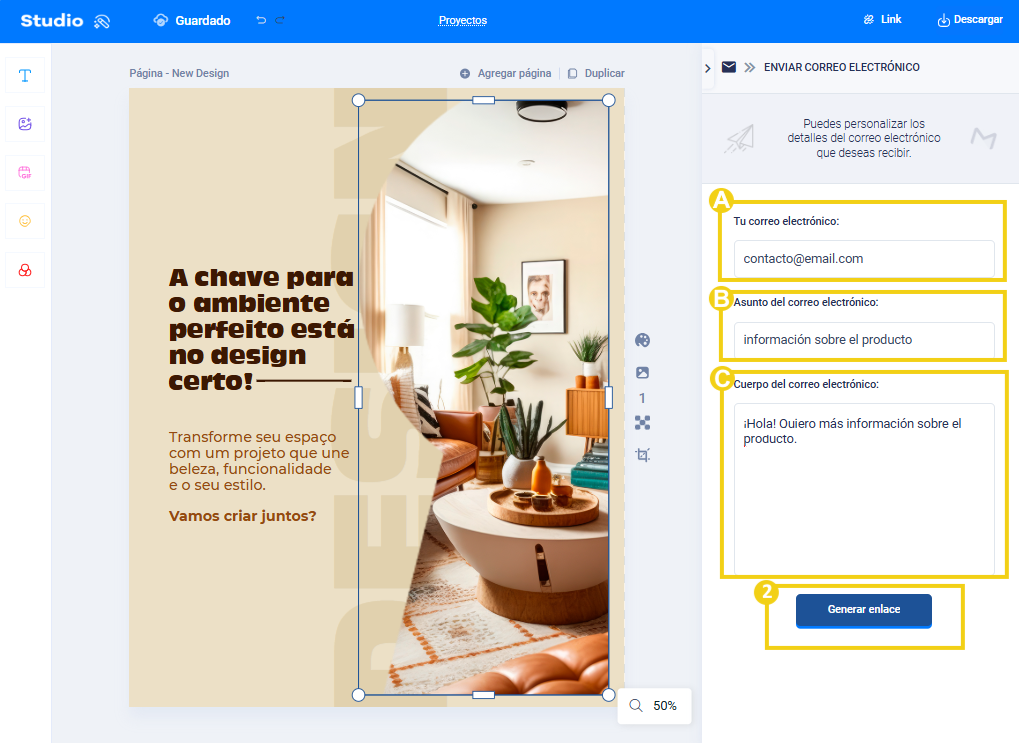 Imagen: muestra la pantalla para añadir un enlace de correo con los campos para email, asunto, cuerpo del mensaje y el botón para generar enlace