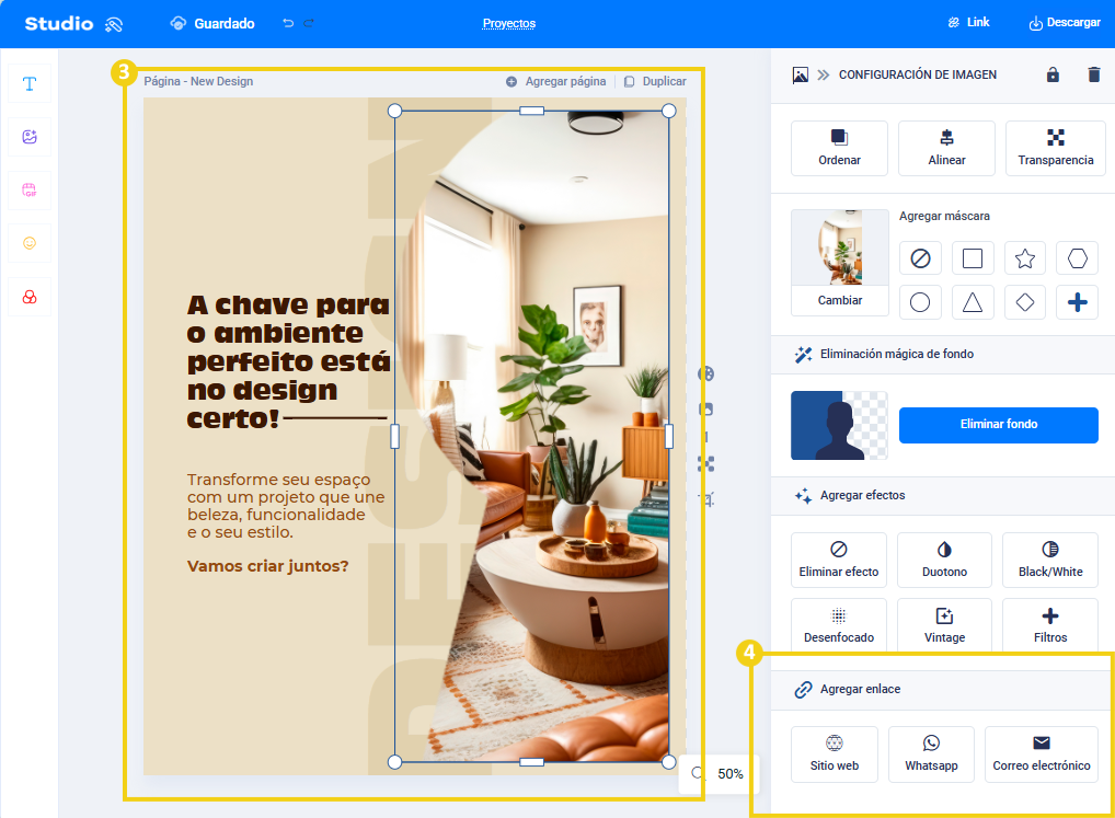 Imagen: muestra la selección de un elemento en la plantilla y luego el panel "Ajustes de imagen", con las opciones para añadir enlaces: sitio web, WhatsApp o correo electrónico
