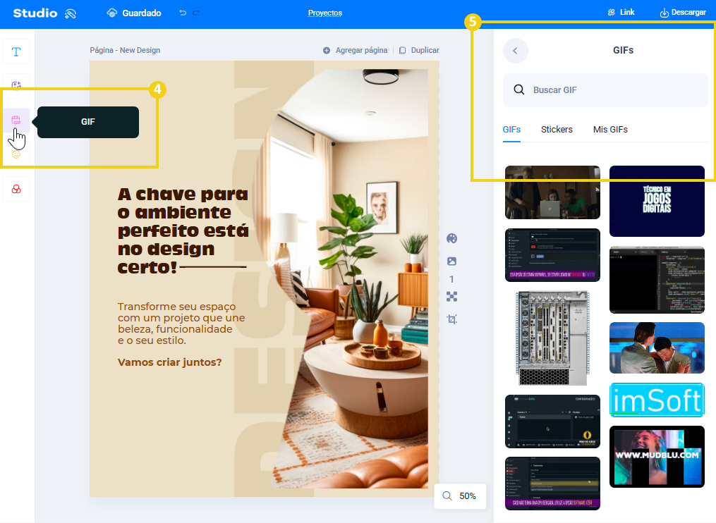 Imagen: muestra que al hacer clic en el ícono se abre el panel con las opciones de GIFs, Stickers y Mis GIFs