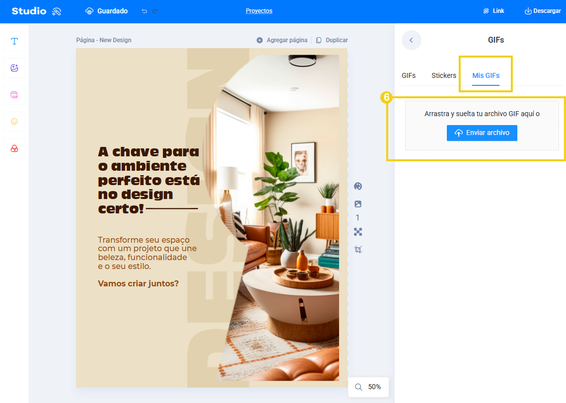 Imagen: muestra que en "Mis GIFs" se puede arrastrar el archivo o hacer clic en "Enviar archivo" para subir un GIF propio