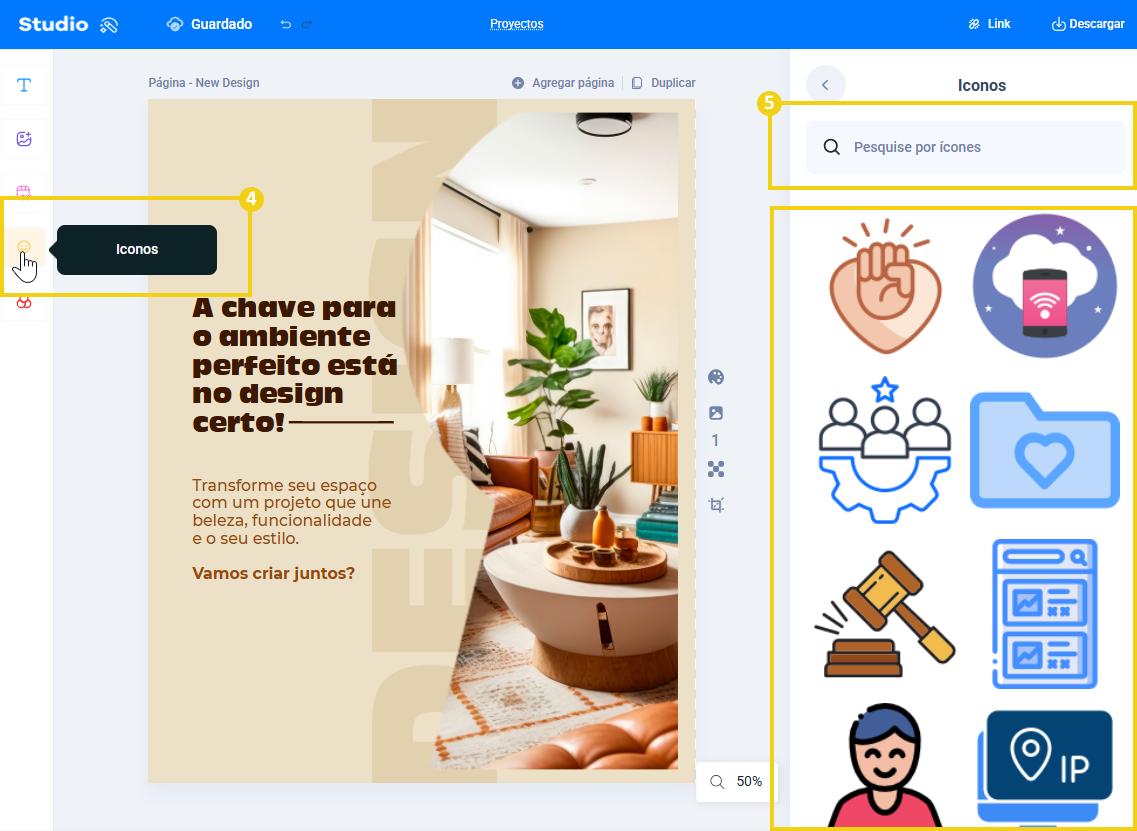 Imagen: muestra que al hacer clic en el ícono de emoji se abre el panel con la galería de íconos o se puede buscar por tema